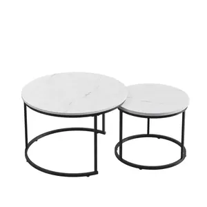 Nesting Coffee Table Set of 2, Space-Saving Round Industrial Tables with Wood Grain Finish & Heavy-Duty Metal Frame, Stackable Side End Tables for Living Room, Bedroom, Balcony or Small Spaces