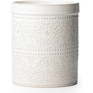 7 Inches Large Ceramic Kitchen Utensil Holder for Countertop, Lace Emboss Cooking Utensil Crocks, Off-White Perfect for Kitchen Home Decor