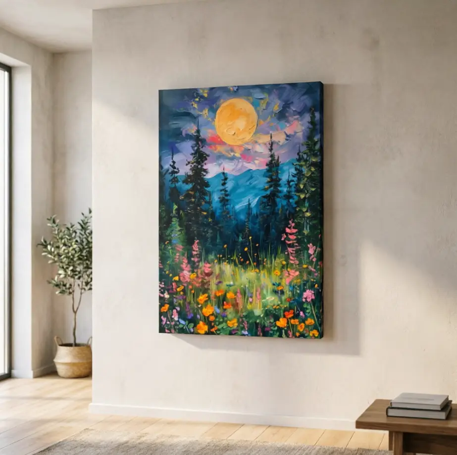 Vintage Full Moon Above Wildflowers Landscape Poster - Artistic Dark Aesthetic Midnight Woodland Wall Art Print, Retro Oil Painting, Dark Forest Apartment Frame-Style Room Decoration