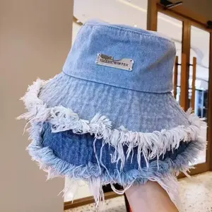 Women's Denim Bucket Hat, Spring/Summer Thin Washed Distressed Frayed Edge Popular Outdoor Wide-Brim Sun Protection Hat