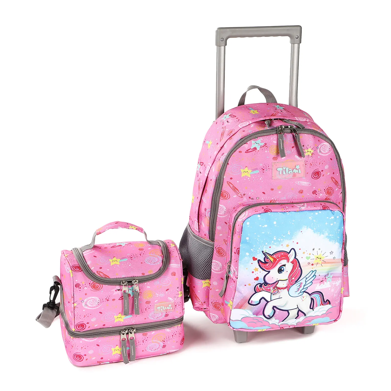 Tilami Rolling Backpack 18 inch Double Handle with Lunch Bag Wheeled Backpack for Girls and Boys, Pink Unicorn