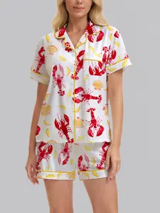 Women's Sleepwear Set, Short Sleeve Lapel Button Soft Top & Elastic Shorts, Casual Home Wear, Comfortable Daily