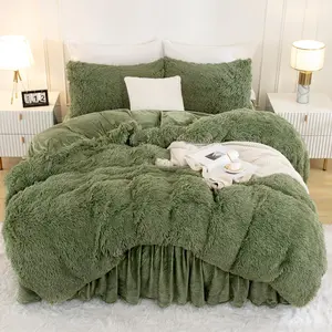 Faux Fur Sage Green Comforter Set Queen Size, 3 Pieces Fuzzy Plush Bedding Comforter Set (1 Shaggy Velvet Comforter & 2 Pillowcases), Soft Puffy Comfy Down Comforter Bedding Set