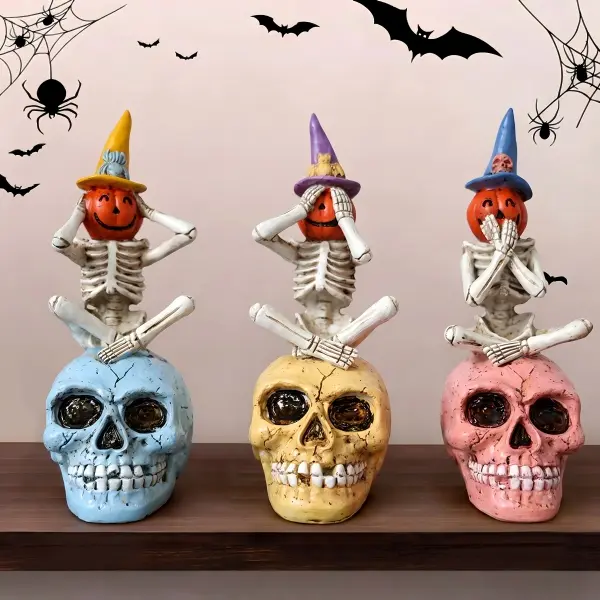 3-Piece Hand Painted Halloween See-Hear-Speak No Evil Skeleton Pumpkin Figurines - Spooky Mini Witch Hat Resin Skull Statues, Tabletop Decor for Home Mantel & Party Favors Gifts