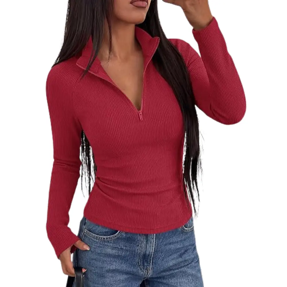PRETTYGARDEN Women's Fall Quarter Zip Long Sleeve Shirts | Soft Stretchy Ribbed Knit, Collared Zipper Slim Fitted, Raglan Sleeves Pullover, Dressy Casual Tops, Trendy Going Out Outfits#SohoChic