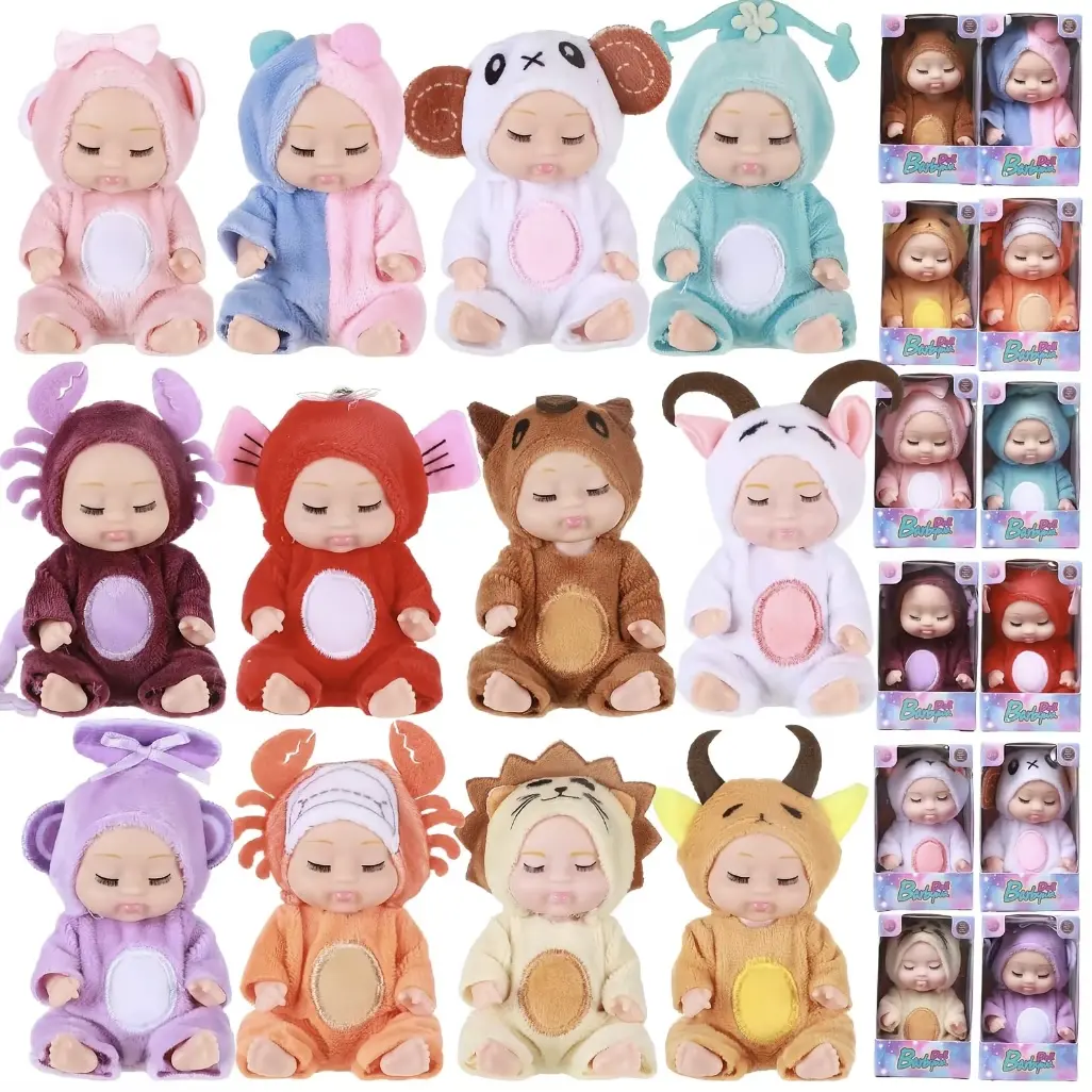12pcs 4 Inches Mini Baby Dolls | Lifelike Realistic Baby Dolls in Animal Clothes, Cute Tiny Gifts for Kids Birthday Party, Mixed Color PVC Material, Cute Style.