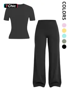 Women's Sporty Two-Piece Set, High-Elastic Round Neck Short Sleeve, High-Waisted Tummy Control Pants, Soft Breathable Yoga Gym Gymswear