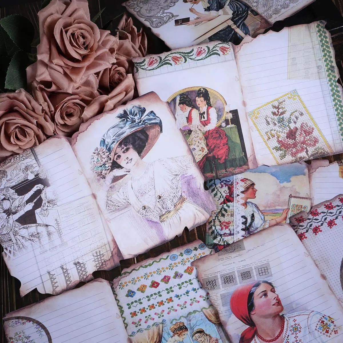 Vintage Sewing Lace Theme Scrapbook Paper Kit, 12 Papers & 32 Stickers, DIY Crafts, Background Pad, Journaling Supplies, Crafts Decoration