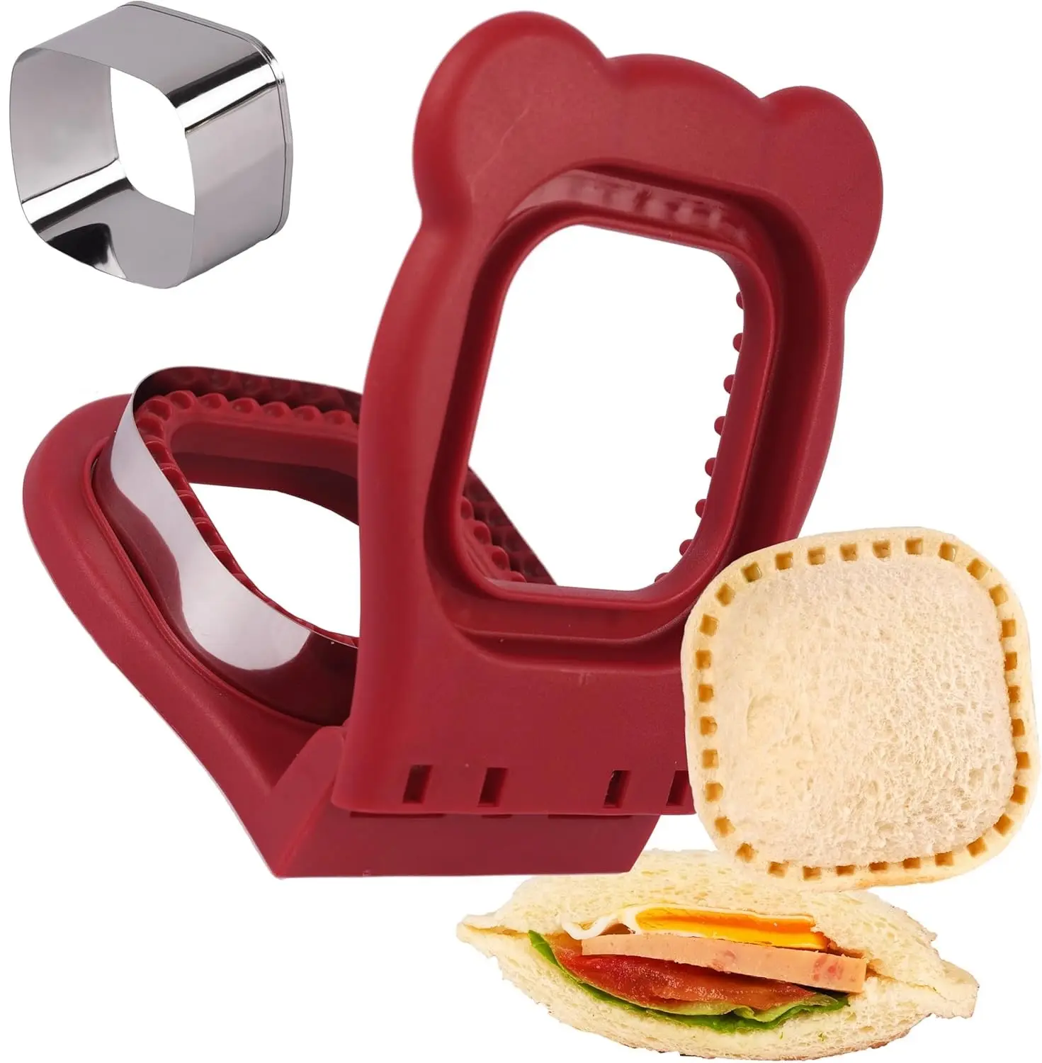 Uncrustables Sandwich Maker Sealer Cutter, Crustless Sandwich Cutter, PB&J Uncrustable Maker - Color Dark Red, Square Shape