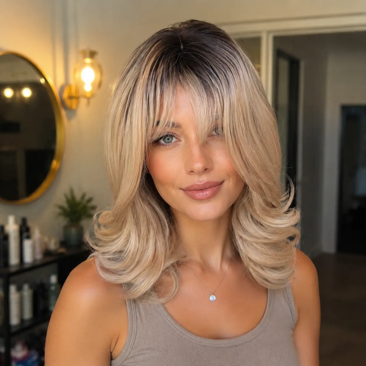 SMILCO/14Inch Ombre Deep Brown Ash Light Blonde Medium Curly With Bangs Synthetic Wig/SM531