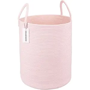 Cotton Rope Laundry Basket Hamper for Girls Kids Baby Nursery Hamper Bin Woven Storage Basket for Living Room Girls room Boho Tall Rope Baskets for Blanket Toys Large light pink