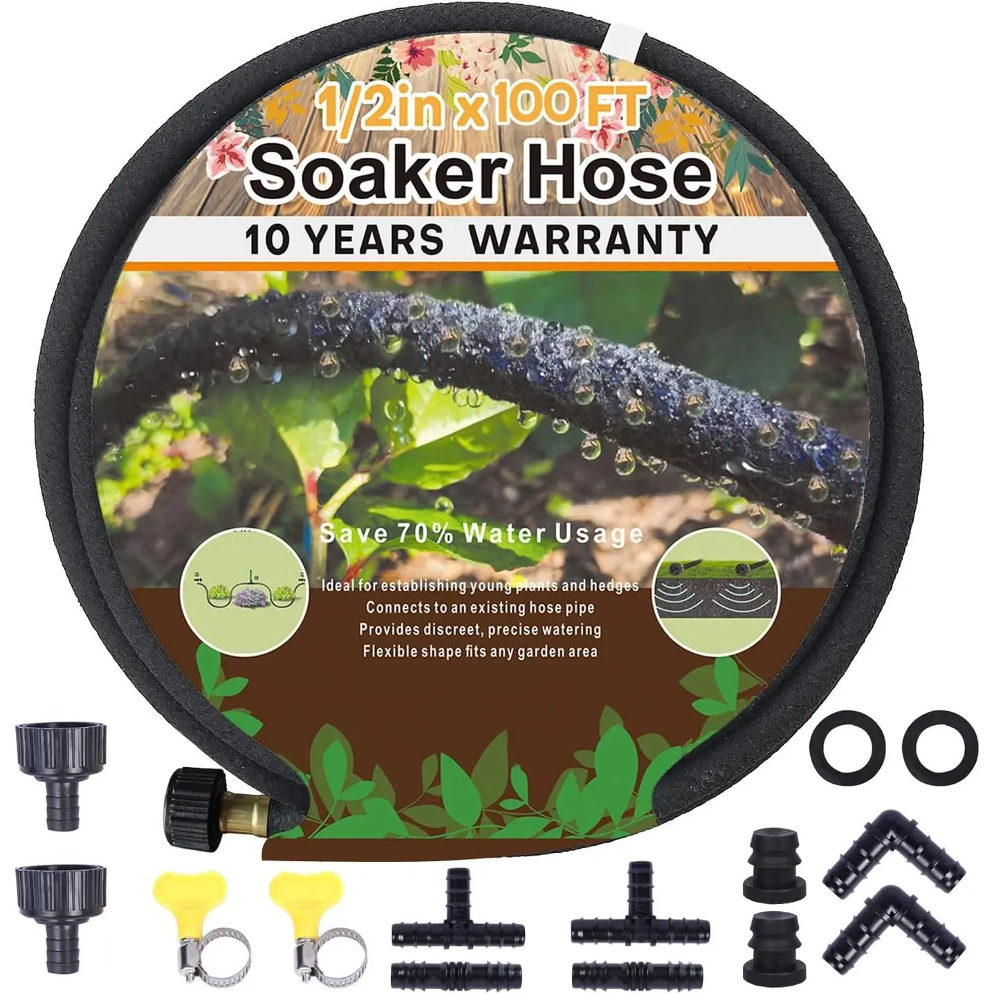 1/2'' Soaker Hose 100 Ft for Garden Beds, Heavy Duty Soaker Hoses for Garden 100 Ft for Water Saving, DIY Garden Soaker Hose 100 Ft Drip Hoses with Kit for Hose Irrigation System (100 )