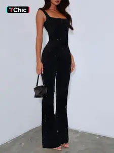 Shiny Plastic Strap Sleeveless Romper Pantsuit, Stylish One-Piece for Women, Comfortable & Trendy Design, Perfect for Casual Wear, Womenswear