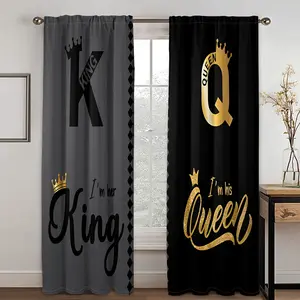 2 Pieces, King and Queen Black Text and Gold Crown Art Design, Abstract Modern Art Geometric Design Digital Printed Living Room Curtains, Rod Pocket Curtains Living Room Furniture Decoration