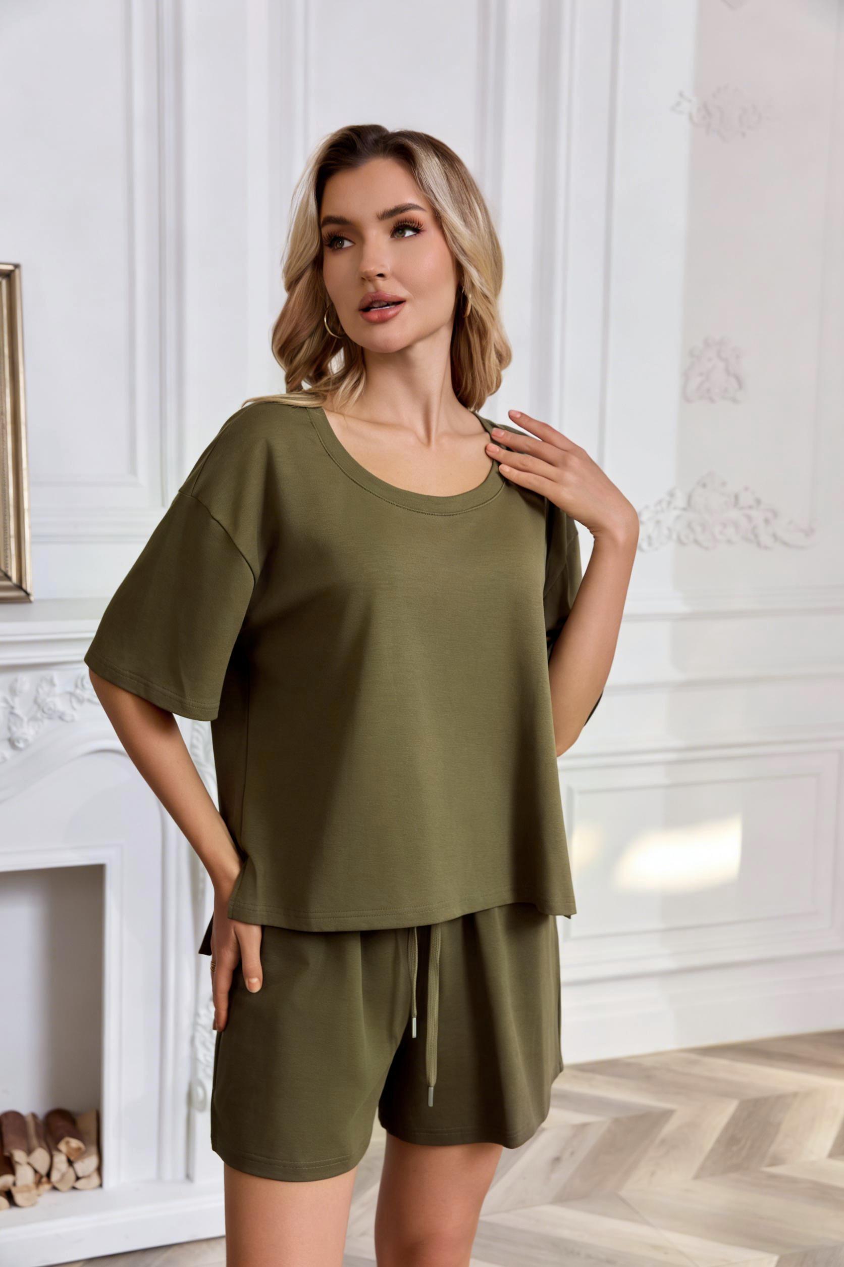 Ebossy Women's 2 Piece Lounge Set Short Sleeve Boxy T-shirt & Shorts Comfywear Summer Pajama Set Loungewear Set