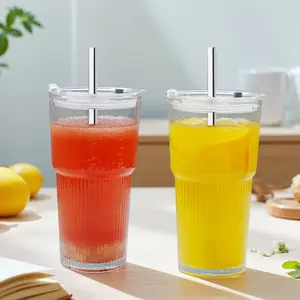 2PCS  20 oz glass drink cups, glass cups with straws, LIDS and brushes, covered iced coffee cups, drink cups, office, home and striped glass cups, glass coffee cups, iced coffee cups, drink cups