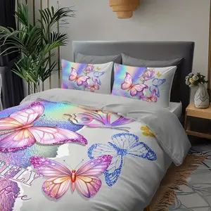 3-Piece Butterfly Pattern Decorative Bedding Set, Soft Polyester Sheet & Pillowcases, Ideal for Bedroom & Dormitory Decor
