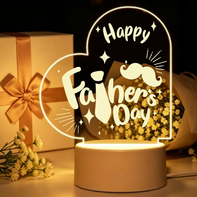 Heart-Shaped Acrylic LED Night Light, DC Power USB Table Lamp with Engraved Tie Mustache Star Design, Decorative Gift for Dad for Father's Day Any Occasion
