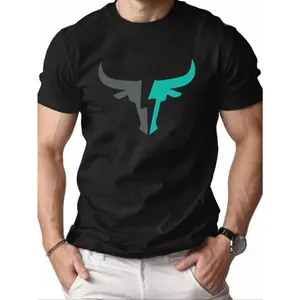Men's Casual Short Sleeve Crew Neck T-Shirt with Bull Head Graphic - Black with Teal Geometric Design, Lightweight Polyester Blend, Perfect for Summer, Outdoor & Home Wear, Casual Summer Wear | Bull Head Design | Smooth Fabric men's graphic tee
