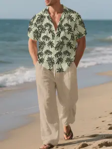 Men's Summer Short Sleeve Coconut Tree Print Shirt, Tropical Hawaiian Beach Vacation Casual Loose Long Pants Two-Piece Set, Men's Fashion