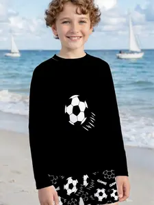 Football Pattern Swimwear Set, Long Sleeve Sun Protection Swimsuit, Boys and Girls Summer Quick Dry Swimming Suit