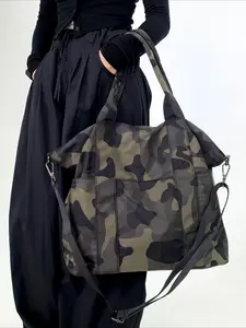 Ladies' casual large capacity nylon shoulder bag, Casual Messenger Bags, multi pocket retro street style bag, oversized, camouflage pattern, front pocket handbag, suitable for daily use and vacation, Crossbody Messenger Bag, Zipper crossbody bag