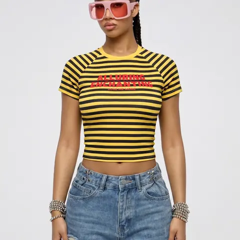 Viral 2026 Y2K Striped Baby Tee, Buttery Soft Stretchy Fabric, Streetwear/Club/Graphic Letter Print Slim Fit Crop, Cropped Top, Love Me More Letter Print Casual Daily Short Sleeve Printed T-Shirt, Party Club Top, Summer, Fashion