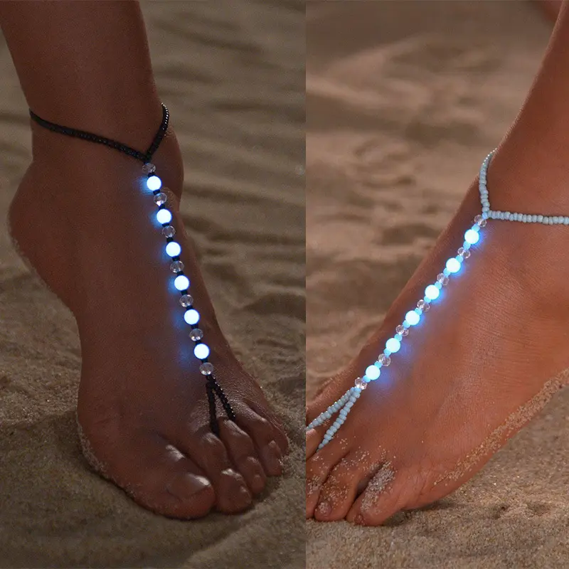 1 Piece Boho-Chic Glow-in-the-Dark Beaded Anklet Women Colorful Resin Rice Beads Toe Ring Ankle Bracelet Beach Vacations & Festive Celebrations Foot Chain Jewelry