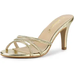 BLISSFUL STEP Rhinestone Decor Stiletto High Heel Mule Sandals