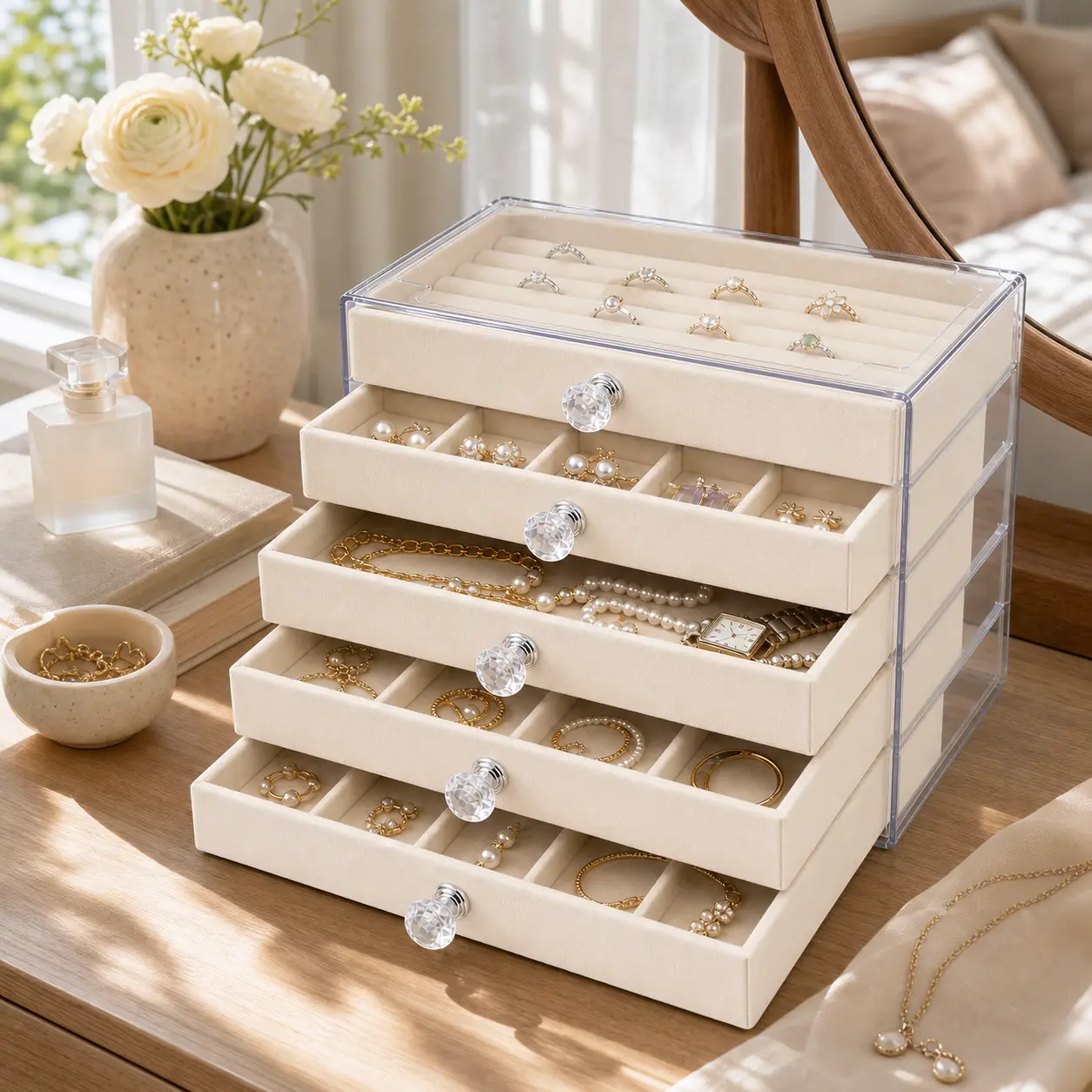 Jewelry Box Organizer with 5 Drawers, Transparent Acrylic Storage Case with Beige Velvet-Lined Trays, Removable Dividers and Crystal-Style Handles, Multi-Compartment Holder for Earrings, Rings, Necklaces, Bracelets and Watches on Dresser or Vanity, Jewelr