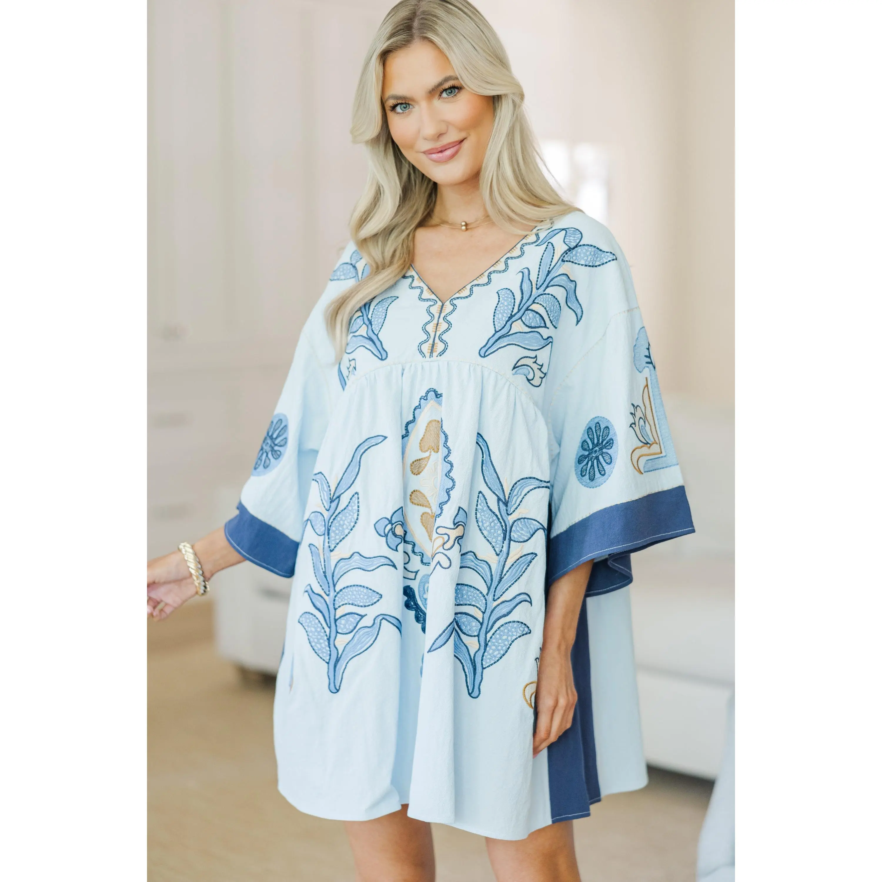 NURSING COLLECTION: Just My Type Blue Embroidered Babydoll Dress
