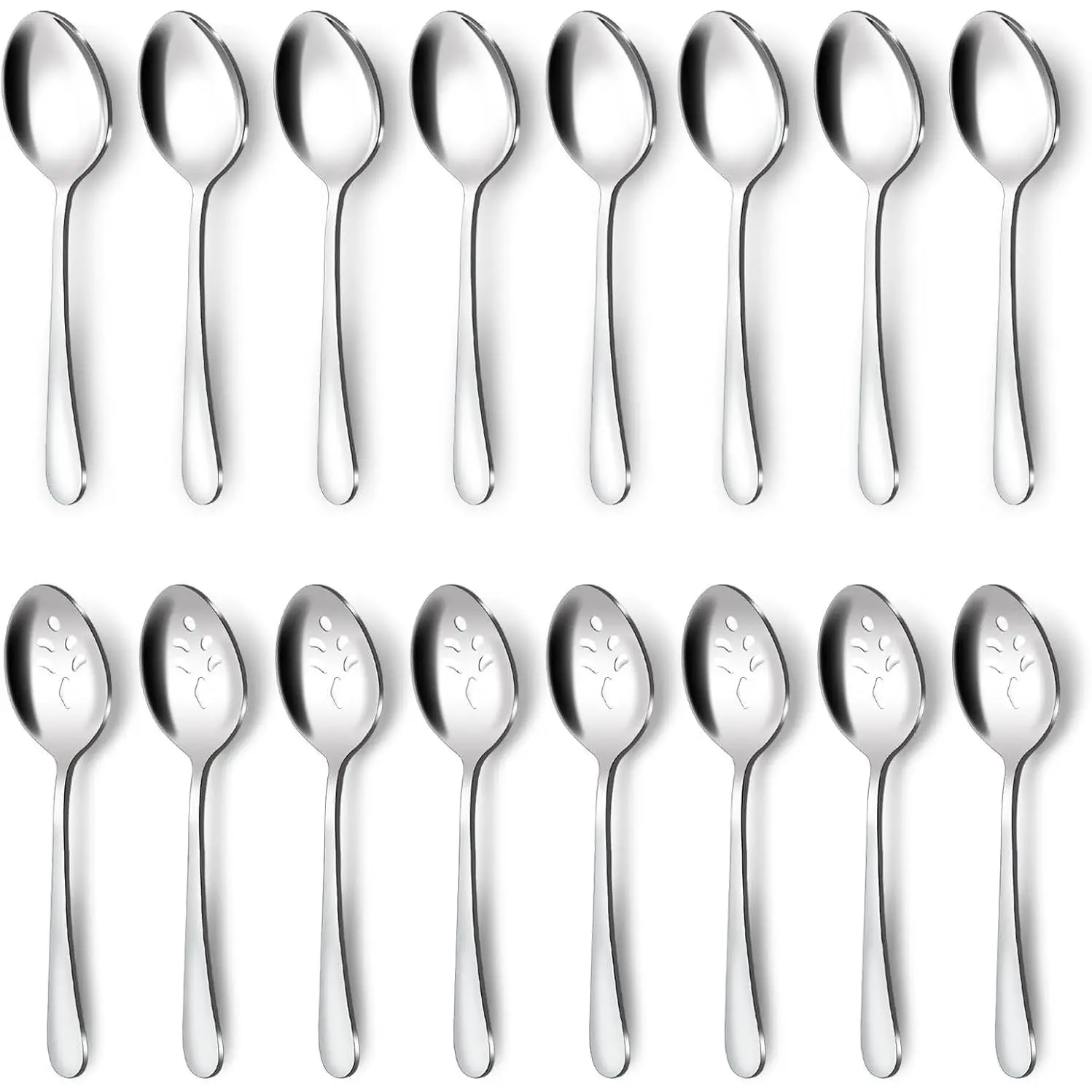 16-Piece Serving Spoons Set - 8 Serving Spoons and 8 Slotted Spoons, 9.1-Inch Stainless Steel Utensils Set for Parties, Dishwasher Safe, Large Spoons for Buffet