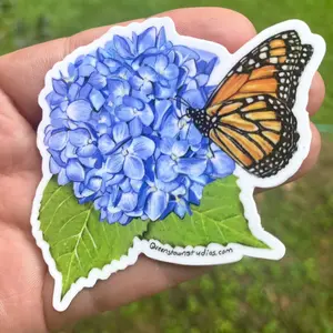 Monarch Butterfly and Hydrangea Flower Vinyl Sticker Colorful Colorful