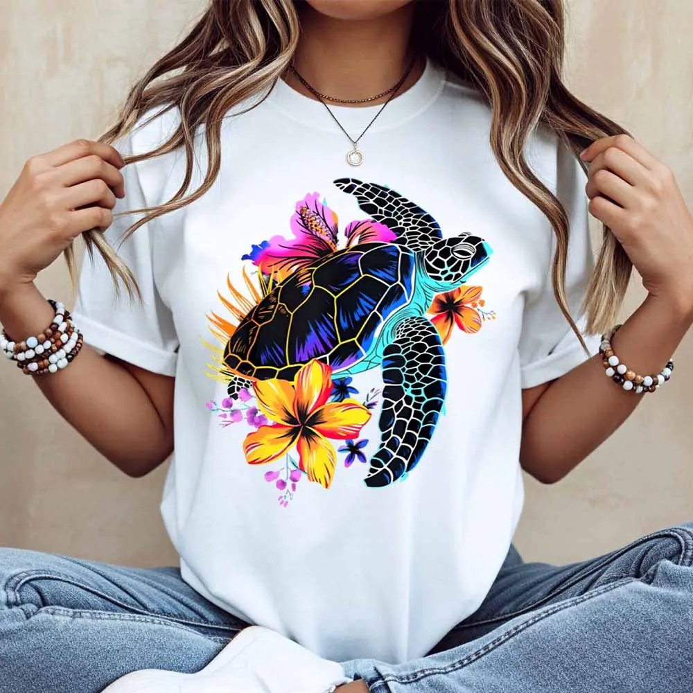 Colorful Turtle And Flowers Print T Shirt Women Casual Short Sleeve Round Neck Top Summer Fashion Trendy Graphic Tee