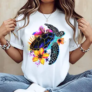 Colorful Turtle And Flowers Print T Shirt Women Casual Short Sleeve Round Neck Top Summer Fashion Trendy Graphic Tee