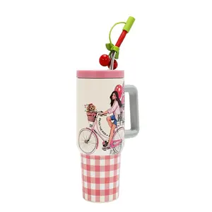 Illustrated Travel Tumbler with Handle and Straw Pink Gingham Design Girl on Bike & Pet Portable Reusable Washable Drinkware for On-the-Go Drinks - Cup, Bottle