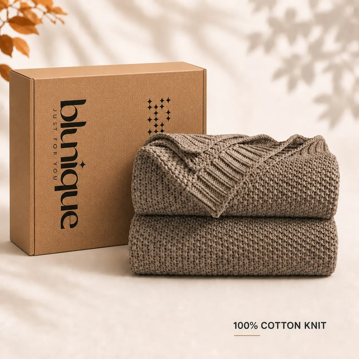 Blunique 100% Cotton Knit Throw Blanket, Lightweight Breathable Textured Blanket for Couch, Bed & Sofa, Includes Free 50 x 60 in Gray Fuzzy Waffle Throw, Room Decor