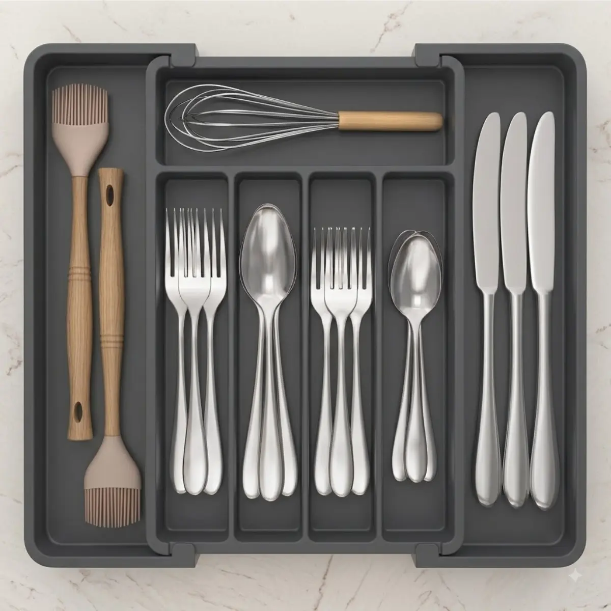 Expandable Silverware Drawer Organizer, Kitchen Utensil Tray | BPA-free Plastic Flatware Cutlery Holder, Space-Saving Storage for Spoons Forks Knives, 8-13.8 x 11.2 x 1.4“, Black