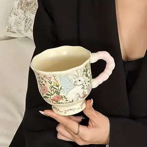 One Adorable Cartoon Flower Bunny Mug, Spacious Ceramic Cup with Lid and Spoon, Perfect for Home and Workplace Tea and Coffee Lovers, Ceramic Mugs
