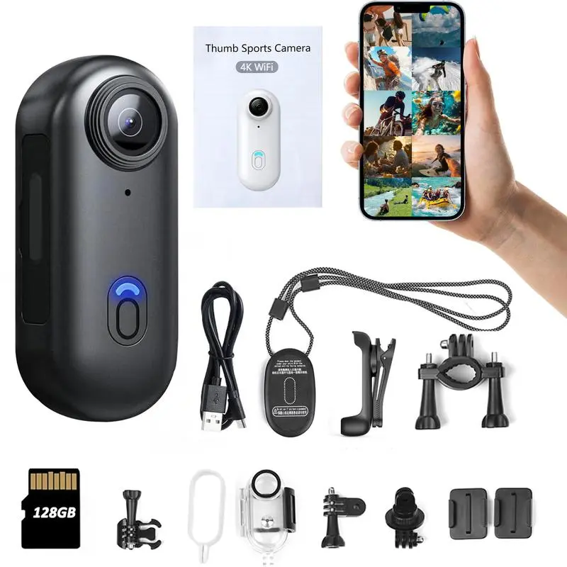 Mini Action Camera - 4K Wearable Thumb Body Camera with 128GB SD Card, IPX7 Waterproof Underwater Camcorder, Magnetic Sport DV with Helmet Mount for Bike, Cycling, Pet, Vlogging - Black