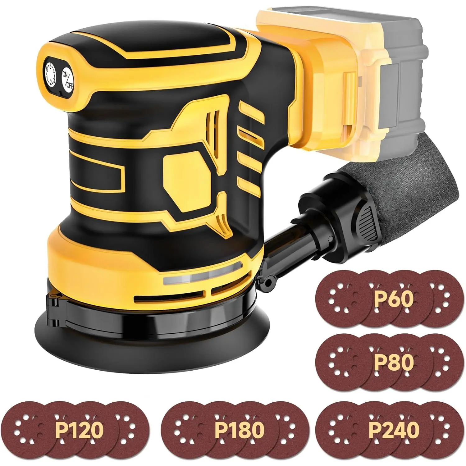 5-Inch Cordless Brushless Random Orbital Sander for Woodworkers, Dewalt 20V Battery Compatible (No Battery), 6 Variable Speeds, Max 13,500rpm, Dust Collector, Sandpaper Set Included for Metal/Wood Projects, Cordless Type, Cooler Operation