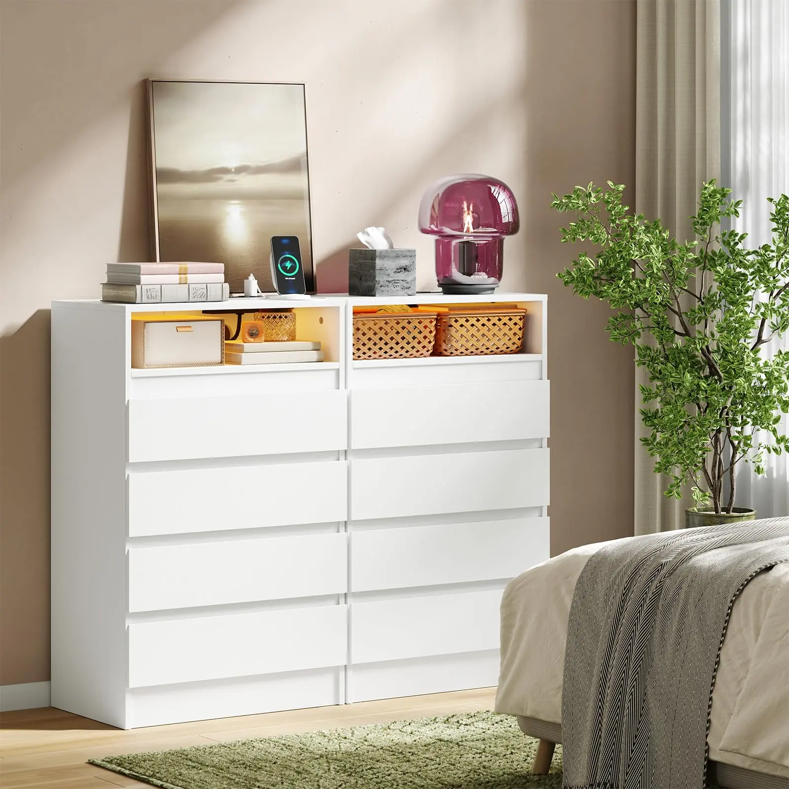 Minimalist 2-Piece LED Dresser & Sideboard Indoor Furniture Set - MDF Frame, RGB LEDs, USB Charging, White TV Stand & Bedside Table Combo