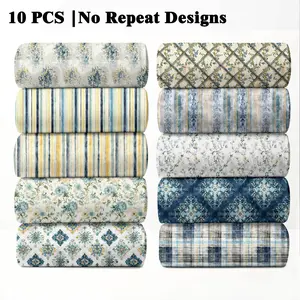 10PCS Blue & Yellow Americana Fabric, 23x55cm (9x22in) Classic Check & Floral Pattern Quilting Fabric for Kitchen Farmhouse Decor, DIY Quilting & Sewing Crafts