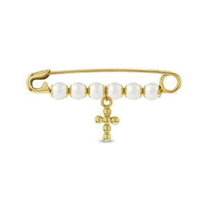 Polished Cross Charm Safety Pin Brooch - 14k Gold