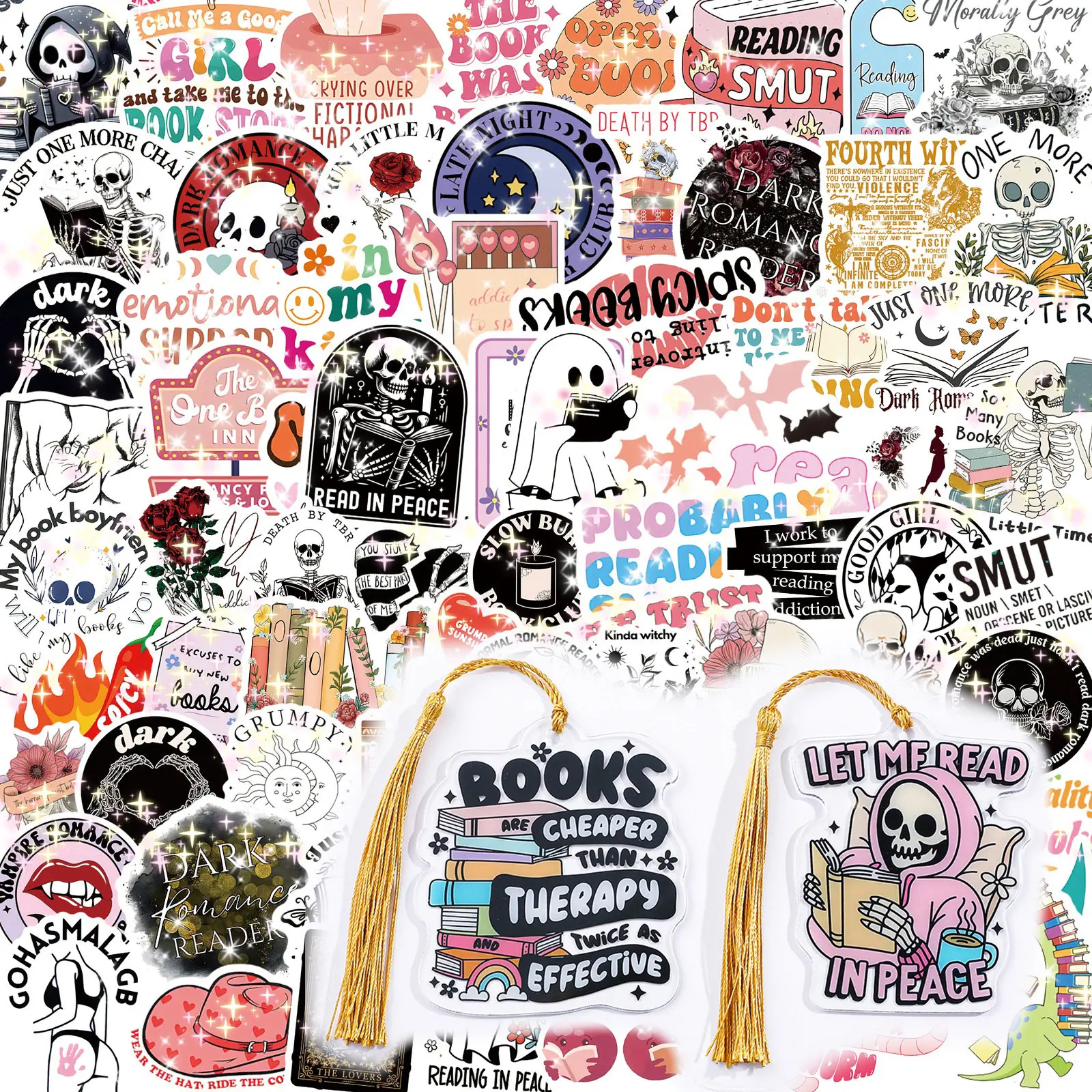 Gothic Skeleton Bookmarks Holographic Stickers 175-Pack for Laptops Water Bottles Dark Romance Sc Art Markers Bookish Stickers for Kindle