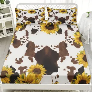 2/3pcs Sunflower And Ink Interwoven Background Series Fitted Sheet Set, Suitable For Bedrooms, Hotels, Dormitories And Other Places, Machine Washable (1 Fitted Sheet + 1/2 Pillowcase, No Core)