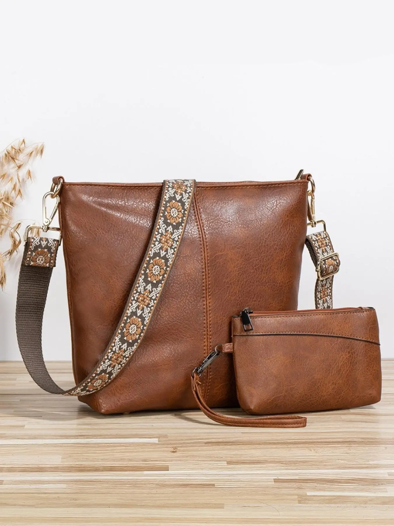 Women's Boho Style Vintage Bag Set (2pcs), Trendy Vintage Crossbody Bag Wide Embroidered Straps & Small Wallet for Women & Girls, Fashionable Bag Set