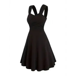 Women'S Olive Green A-Line Dress with Ruched Detail - Casual Knee-Length, Cross Strap Design for Spring/Summer/Fall
