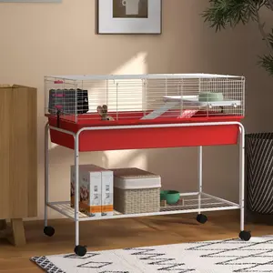 Two story red small animal cage with detachable stand and rolling wheels suitable for small pet habitat living inside the bedroom
