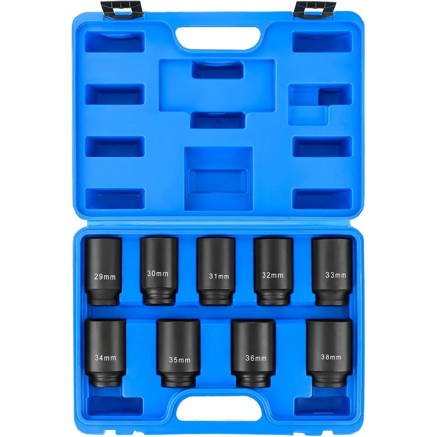 1/2" Drive Deep Impact Socket Set| 9PCS 6 Point Metric 29-38mm Drive Spindle Axle Hub Nut Socket Set with Size Markings and Storage Case